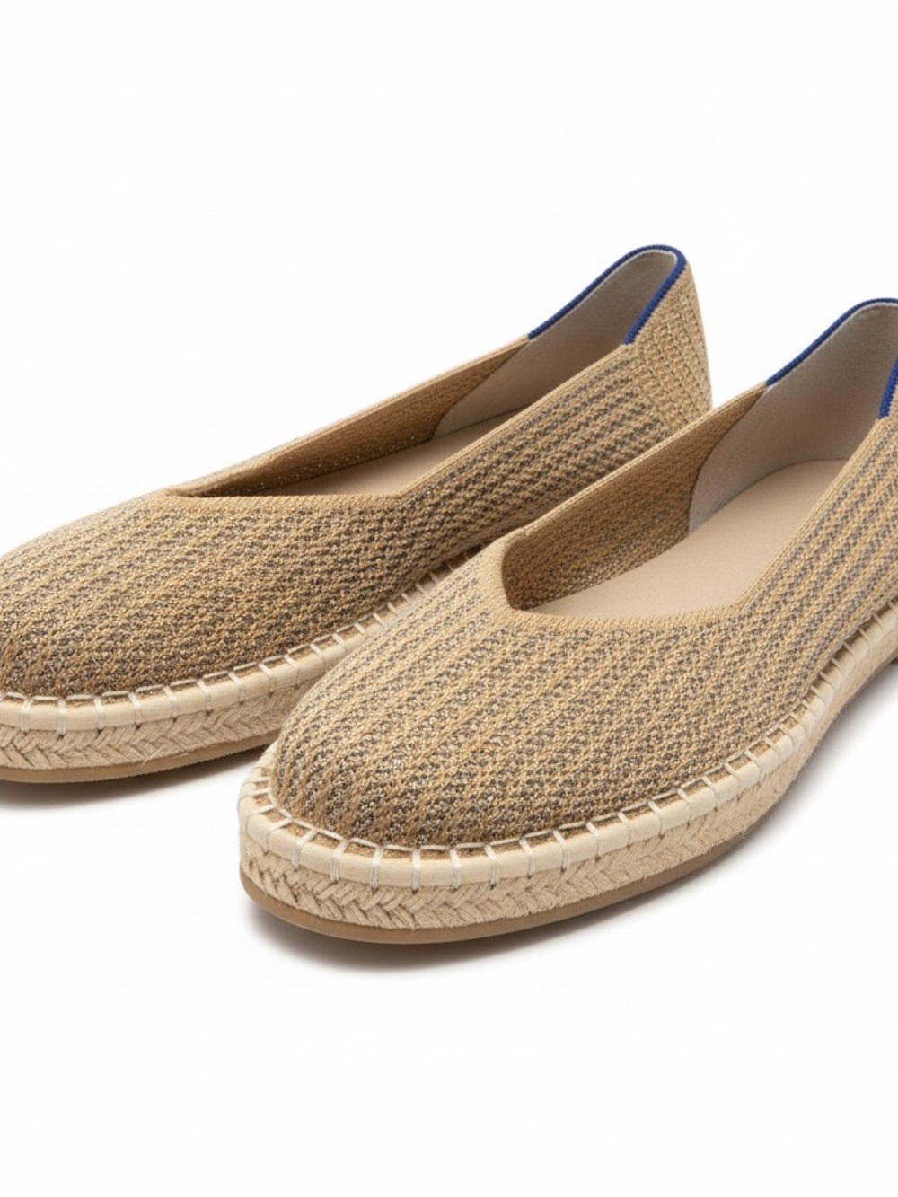 Rothy's Tan Woven Espadrille Flats with Blue Trim